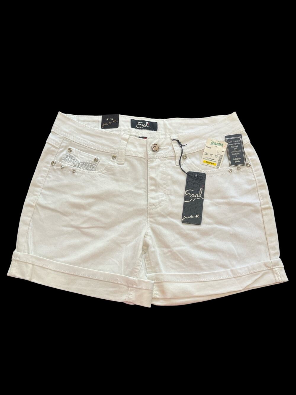Earl White Denim shorts-Women 8P-Cuffed-Embellished-Zip-5 Pkt-NEW-1057